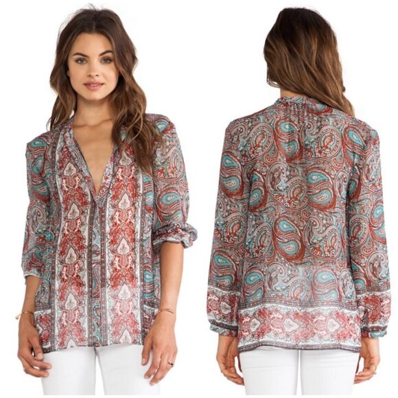 💕RACHEL ZOE💕 Violet Peasant Neck Tie Blouse in Parrot & Bright Red 6 - Picture 1 of 16